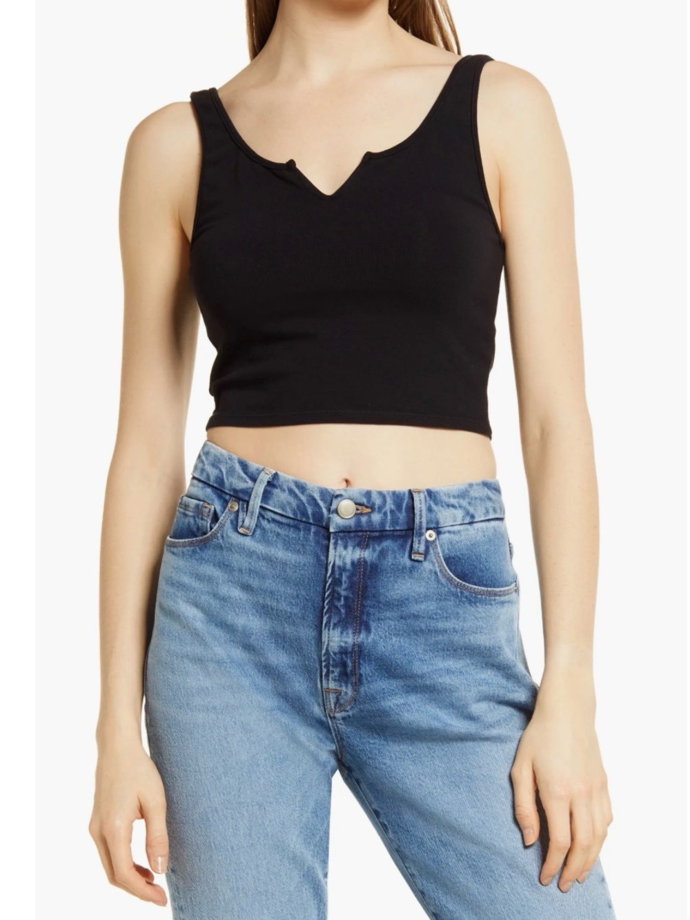 Good American Notched V-Neck Black Cropped Tank Top
